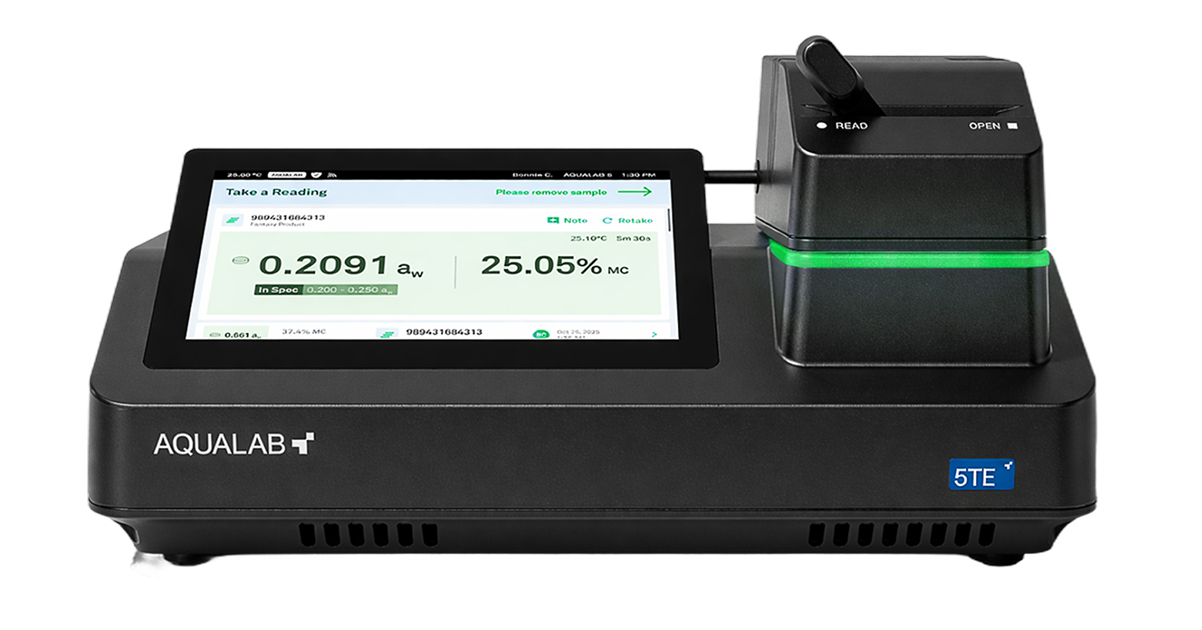 AQUALAB conductivity meter displaying 0.2091 and 25.05% readings with sensor probe attachment