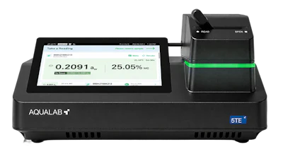 AQUALAB conductivity meter displaying 0.2091 and 25.05% readings with sensor probe attachment