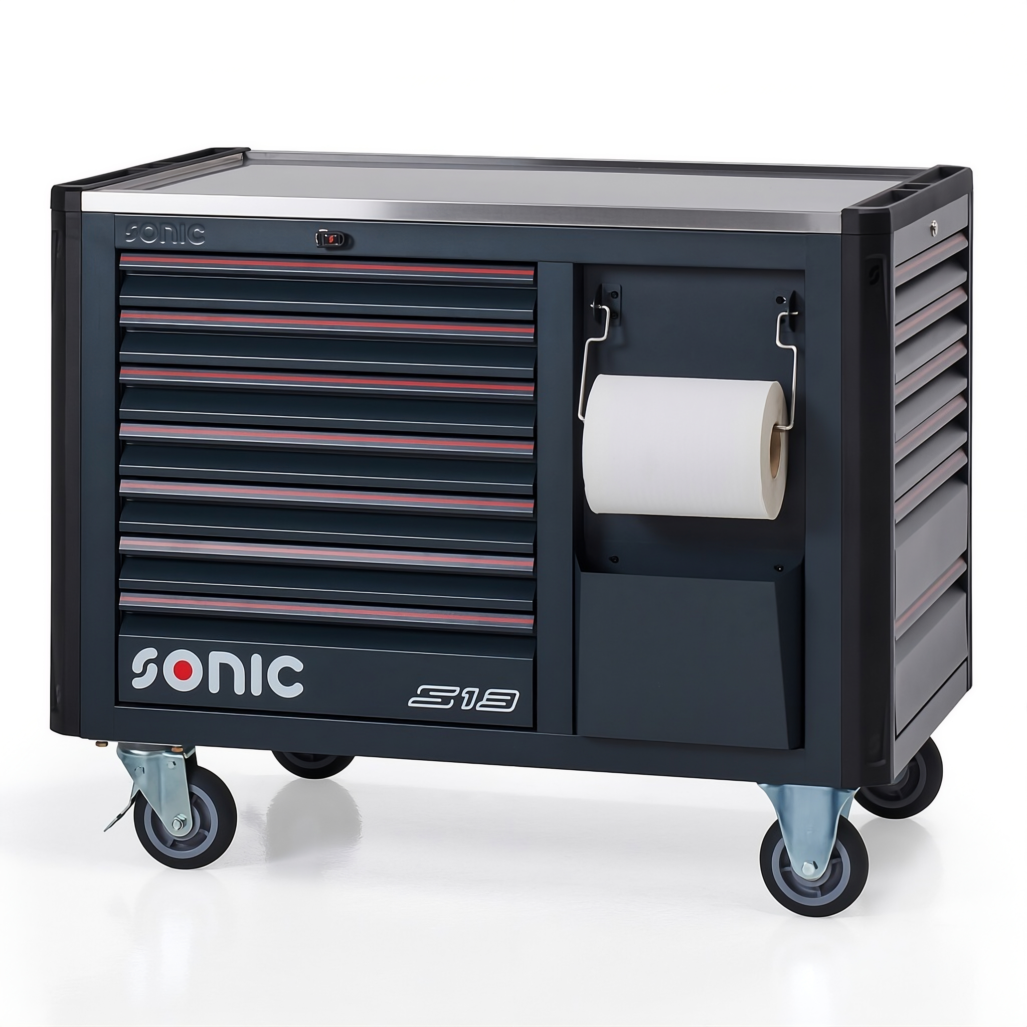 Sonic S19 black rolling tool chest with multiple drawers and paper towel holder