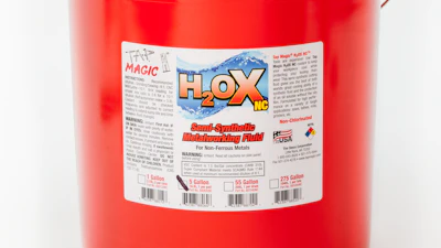 Red H.O.X semi-synthetic metalworking fluid bucket with white label and metal handle