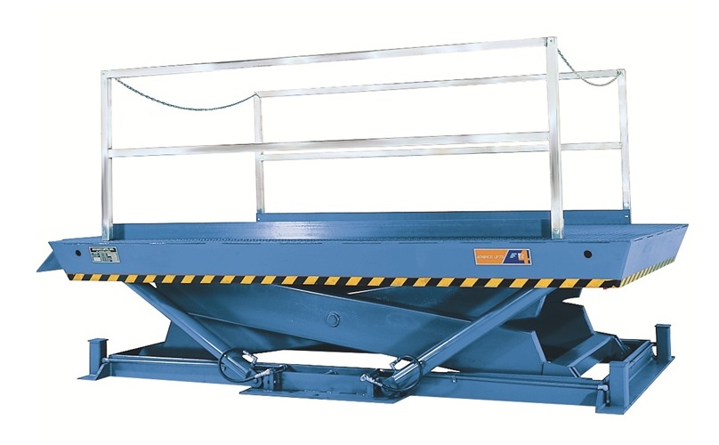 Blue hydraulic scissor lift platform with white safety rails and yellow-black striped bumpers