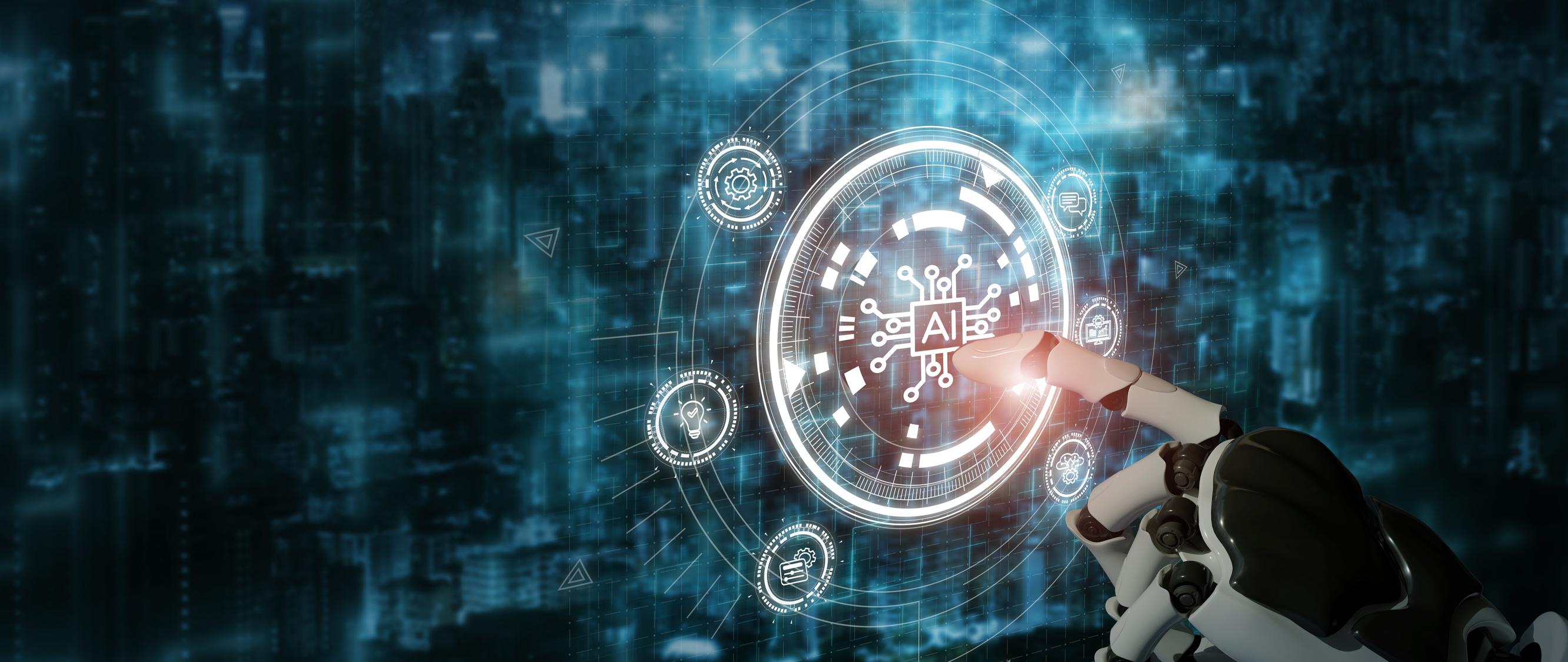 Robot hand touching holographic AI interface with Korean text and tech symbols on digital cityscape background