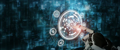 Robot hand touching holographic AI interface with Korean text and tech symbols on digital cityscape background