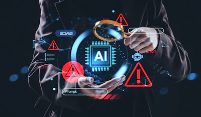Person holding digital AI chip interface with warning alerts and error monitoring symbols on dark background