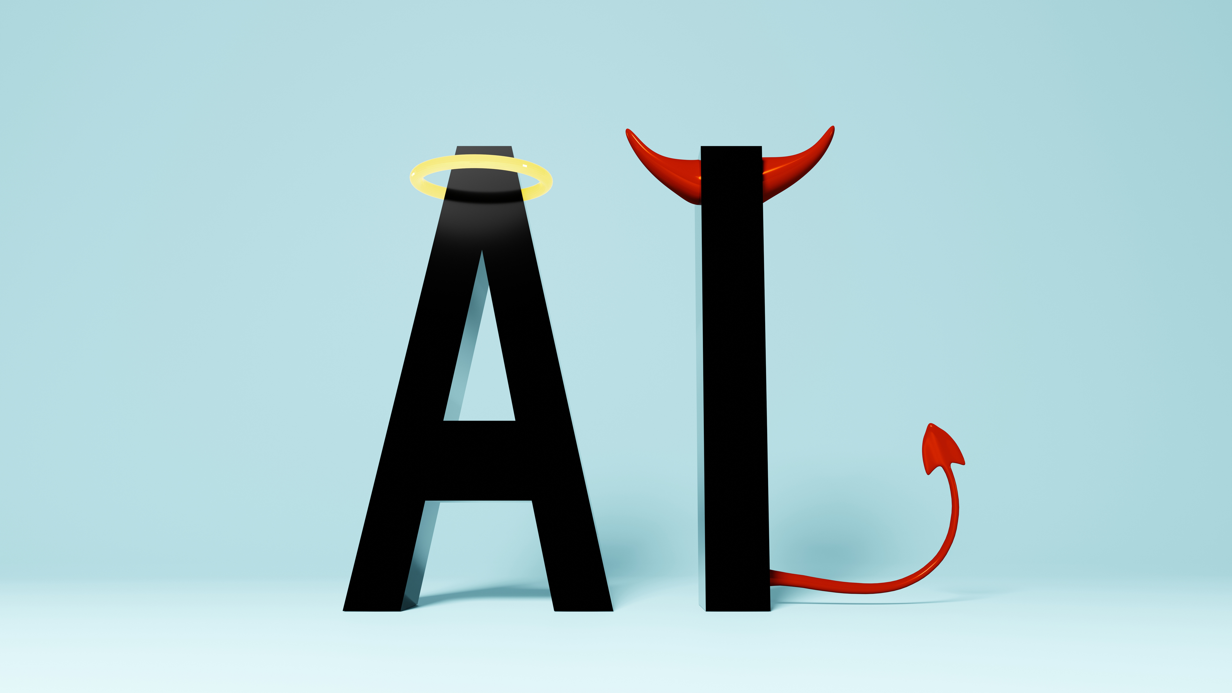 Stylized letters A and I with angel halo and devil horns symbolizing good versus evil contrast