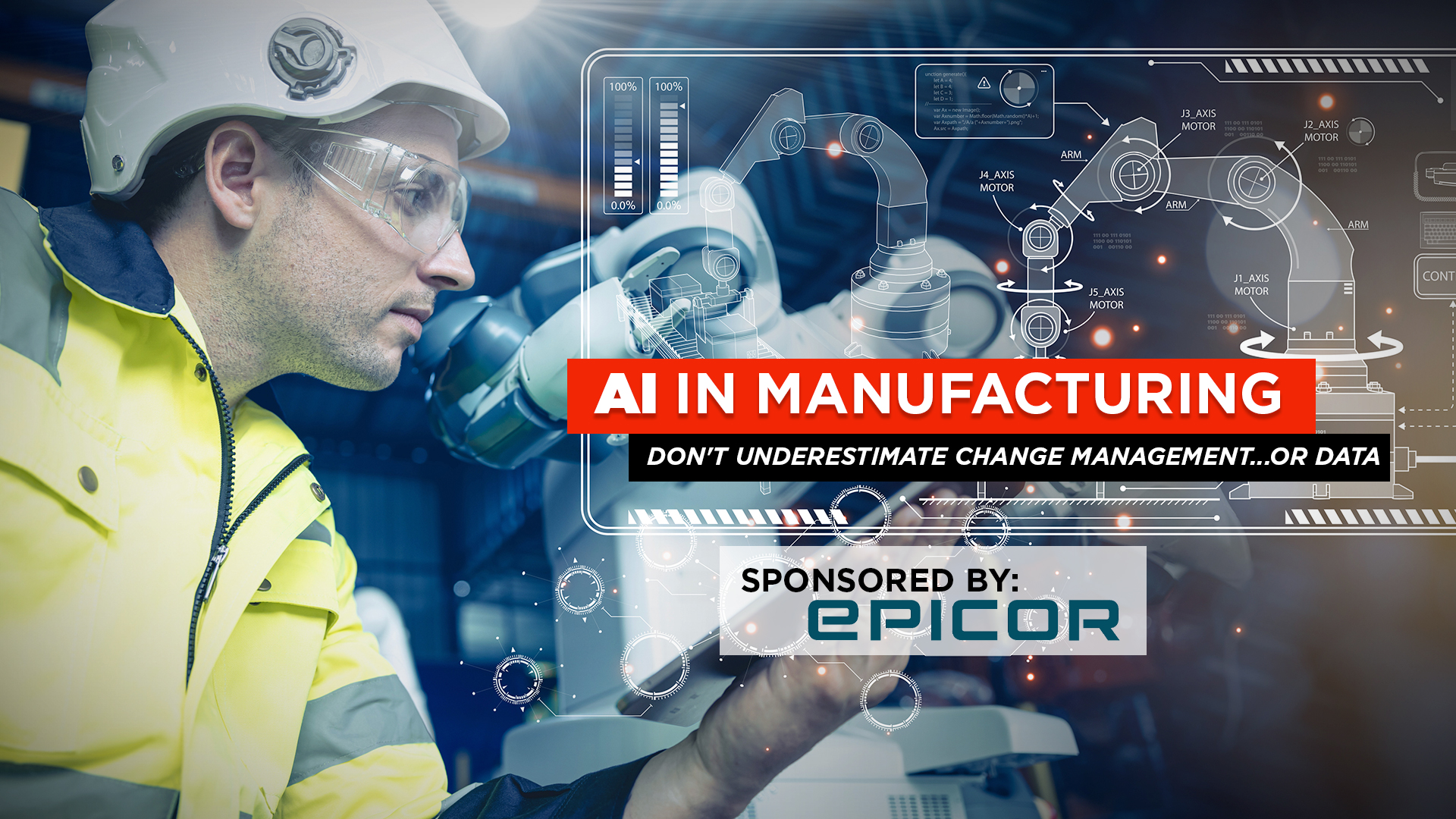 Manufacturing worker with AR interface displaying AI manufacturing technology, sponsored by Epicor