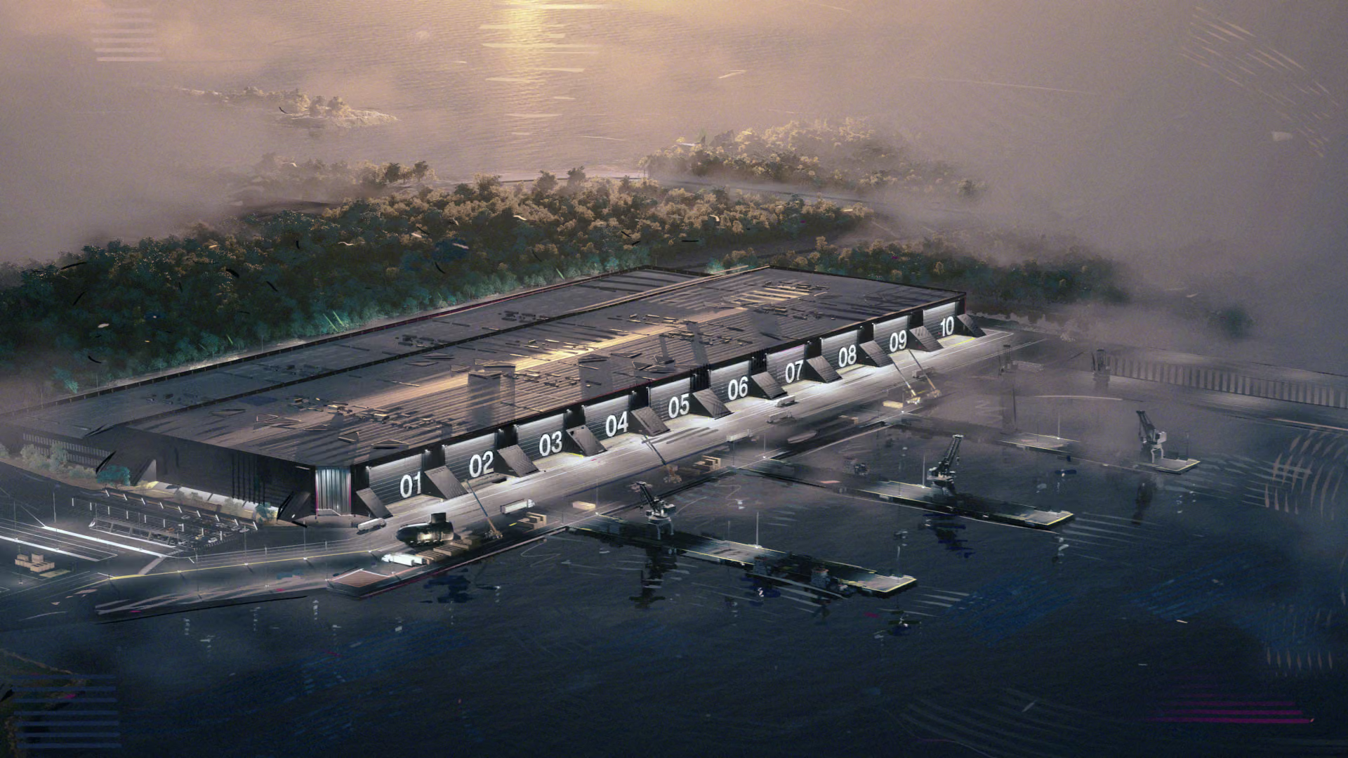Architectural rendering of a modern waterfront facility with numbered bays overlooking misty landscape and water