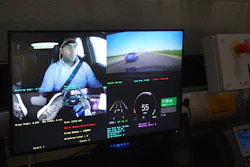 Multi-camera dashcam display showing driver, road view, and vehicle telemetry data with speed and performance metrics