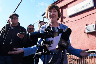 Sen. Susan Collins, R-Maine, speaks to reporters following a campaign stop in Lewiston, Oct. 21, 2026.