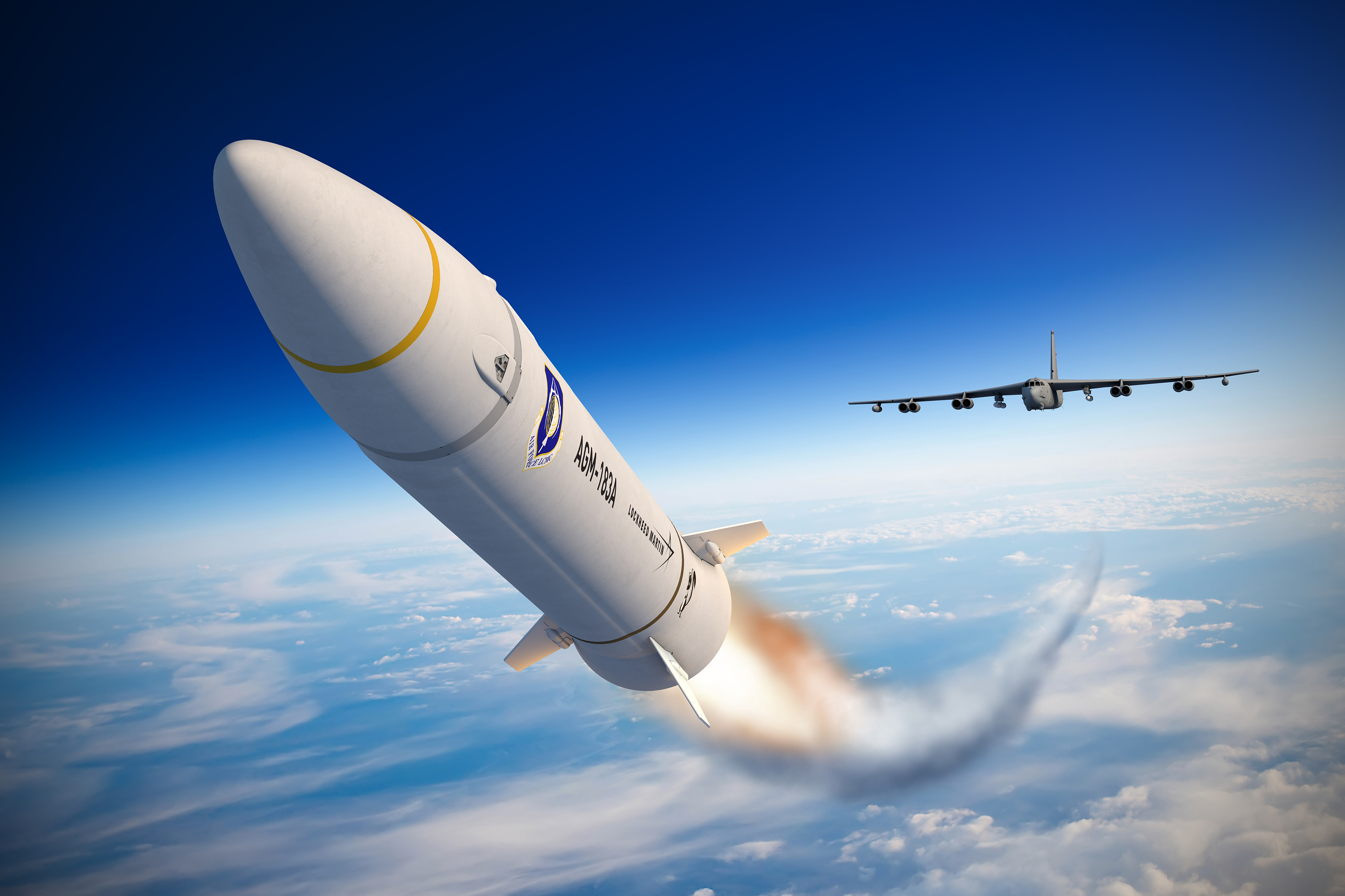 White rocket launching with flames against blue sky, military transport aircraft flying in background