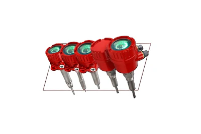 Five red temperature transmitter sensors with green display indicators mounted on a metal plate