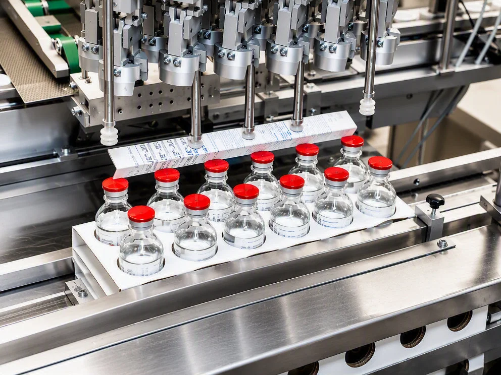 Pharmaceutical filling machine dispensing liquid into clear glass vials with red caps on production line