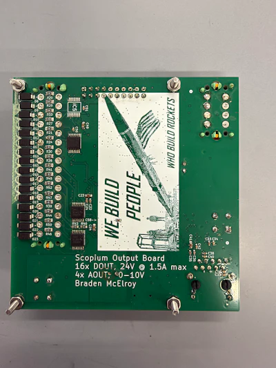 Scopium Output Board circuit board with 16x DOUT, 24V power, and vintage aircraft illustration label