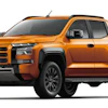 Orange Mitsubishi Triton pickup truck shown in profile view against white background