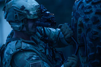 Tactical operator in full combat gear with rifle and night vision equipment in blue-toned lighting