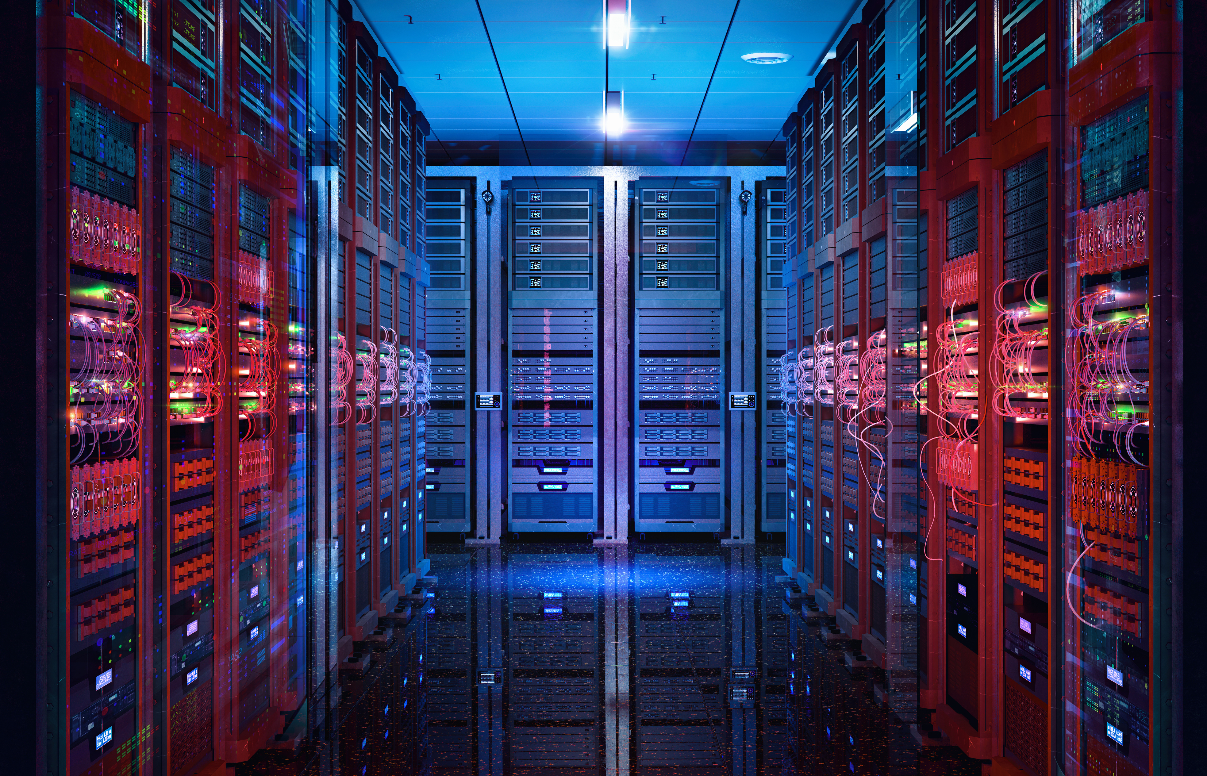 Modern data center server room with red cabinets, neon signage, and blue ambient lighting