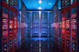 Modern data center server room with red cabinets, neon signage, and blue ambient lighting