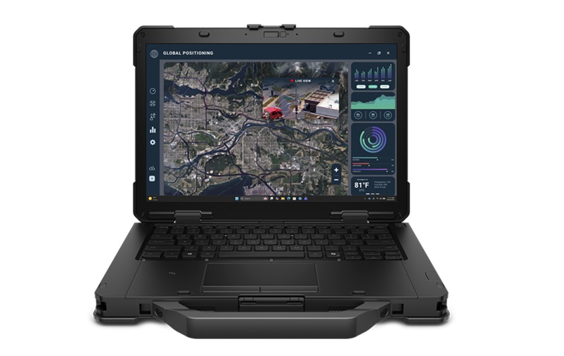 Rugged military-grade laptop displaying global positioning and surveillance mapping software with tactical interface