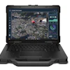 Rugged military-grade laptop displaying global positioning and surveillance mapping software with tactical interface