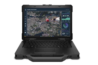 Rugged military-grade laptop displaying global positioning and surveillance mapping software with tactical interface