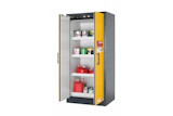 Yellow and gray safety storage cabinet with open door displaying shelves containing red containers and various supplies