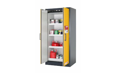 Yellow and gray safety storage cabinet with open door displaying shelves containing red containers and various supplies