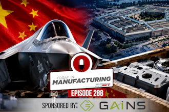 Today in Manufacturing Episode 288 promotional graphic featuring military aircraft, Chinese flag, Pentagon building, and GAINS sponsor logo