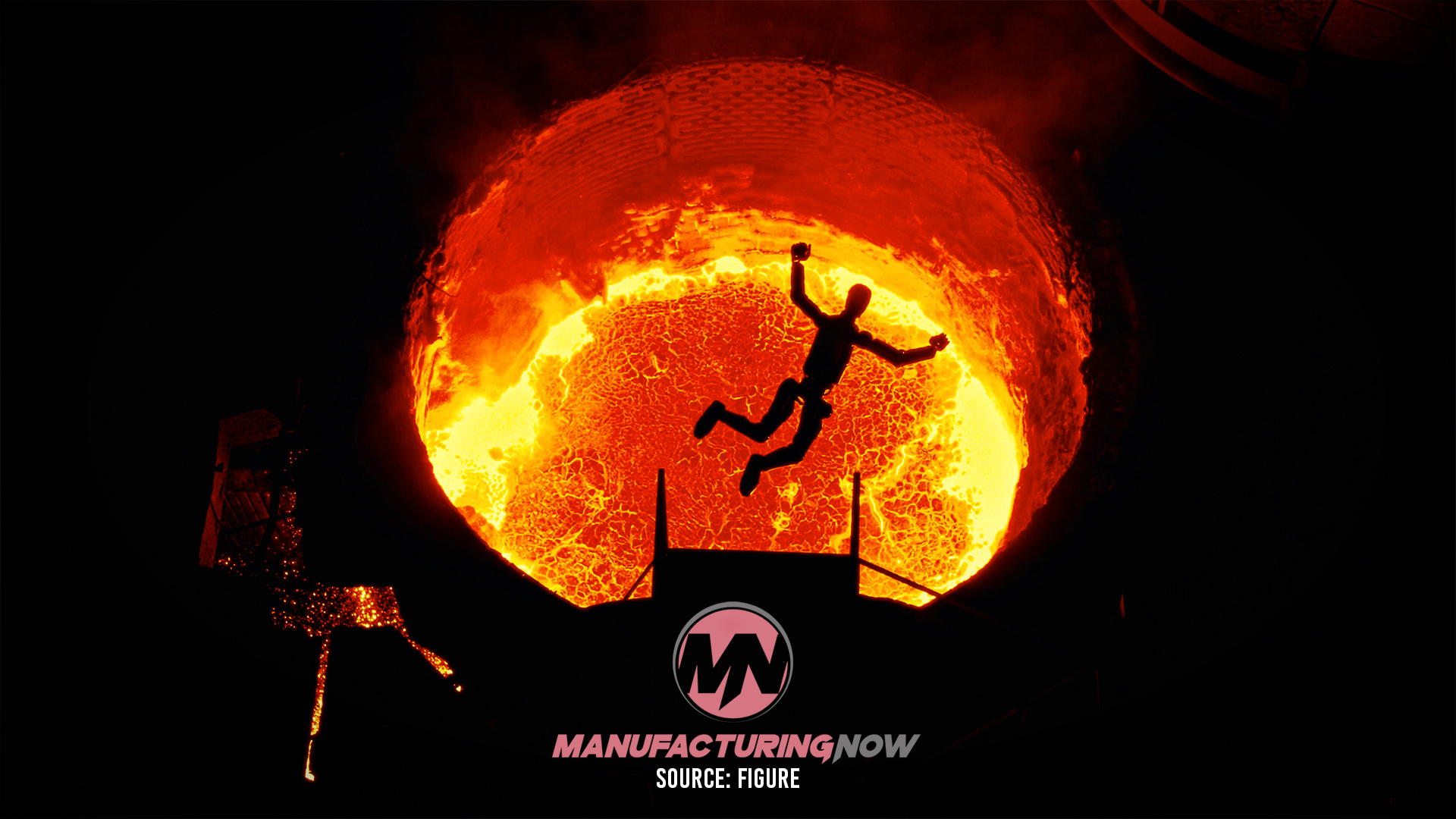Silhouette of person jumping over hurdle against glowing sun with ManufacturingNow logo