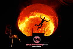 Silhouette of person jumping over hurdle against glowing sun with ManufacturingNow logo
