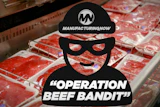 Manufacturing Now branded meme featuring a cartoon character with sunglasses and 'Operation Beef Bandit' text overlaid on packaged red meat display