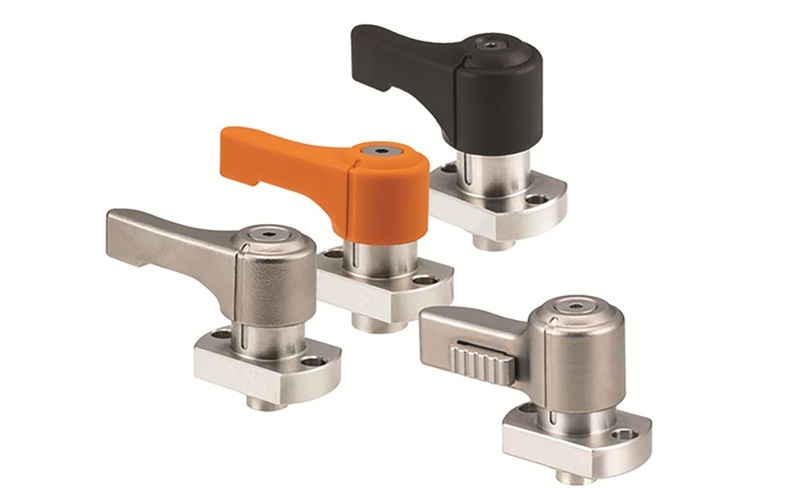 Industrial toggle clamps with stainless steel and colored handles in orange and black