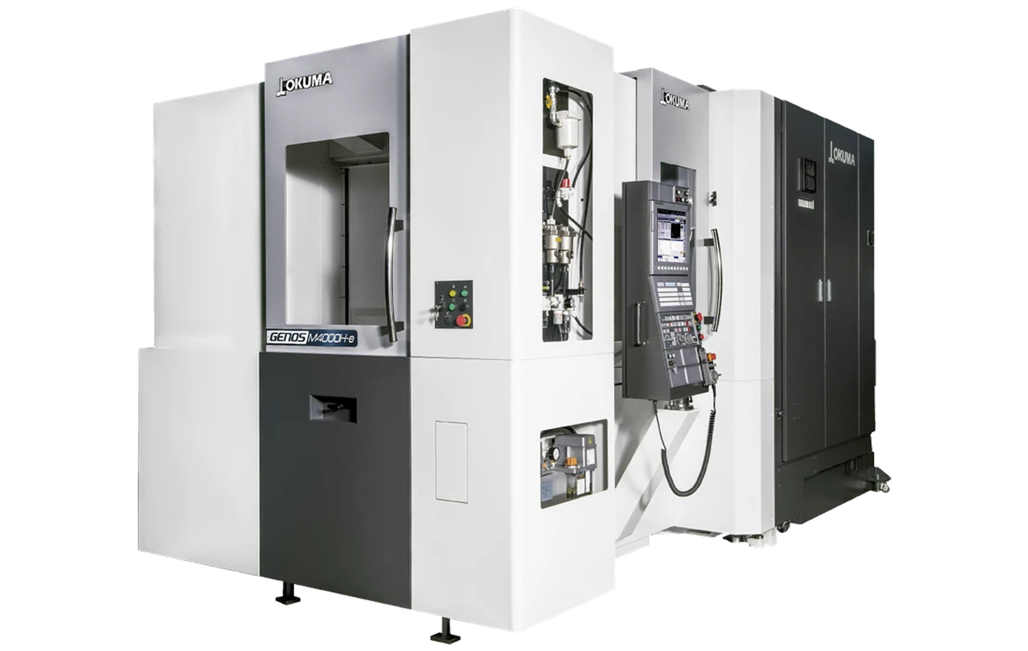OKUMA CNC machining center with white and black exterior, doors open showing internal mechanical components and control panels