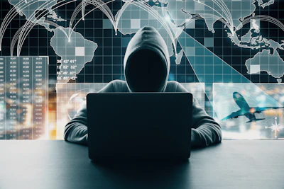 Hooded figure at laptop with global network connections, data analytics charts, and world map overlay representing cybersecurity and digital threats