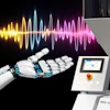 Robotic hand with glowing sound wave visualization and digital control panel interface representing AI audio technology