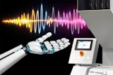 Robotic hand with glowing sound wave visualization and digital control panel interface representing AI audio technology