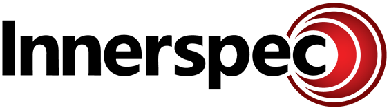 Innerspec logo with black text and dark red concentric circle symbol