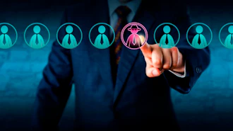 Businessman selecting a highlighted candidate from a row of professional profile icons in a digital recruitment interface