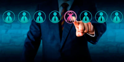 Businessman selecting a female leader icon with crown from row of employee profile icons in digital recruitment scene