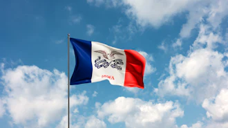Iowa state flag waving on a flagpole against a blue sky with white clouds