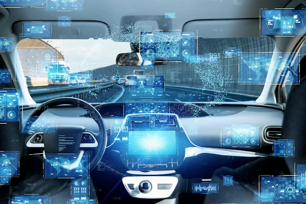 Futuristic car interior with digital dashboard displays and blue holographic interface elements representing autonomous vehicle technology