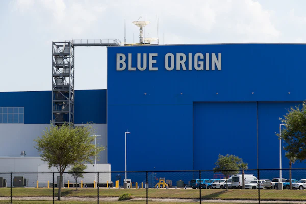 Blue Origin aerospace facility with large blue building facade displaying company name and launch tower