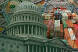 U.S. Capitol dome overlaid with dollar bills and stacked shipping containers symbolizing government, finance, and international trade.
