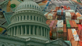 U.S. Capitol dome overlaid with dollar bills and stacked shipping containers symbolizing government, finance, and international trade.