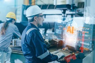 Industrial worker in hard hat using AR technology displaying AI analytics and data metrics on holographic display in manufacturing facility