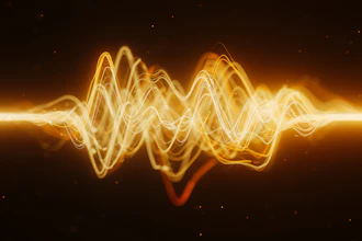 Golden glowing waveform visualization with oscillating sound waves on dark background