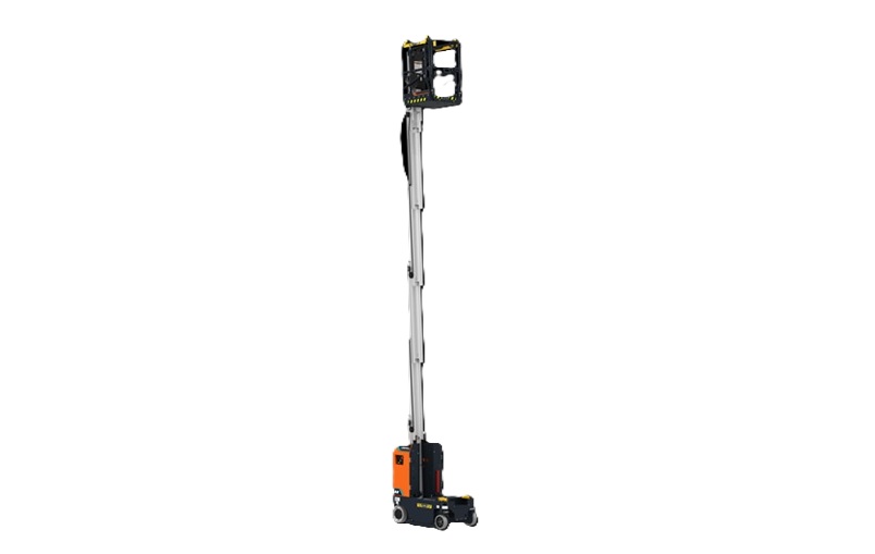 Orange and black mobile elevated work platform with extended boom and work basket