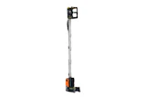 Orange and black mobile elevated work platform with extended boom and work basket