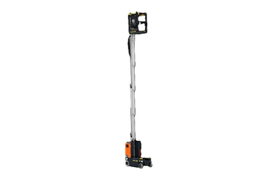 Orange and black mobile elevated work platform with extended boom and work basket