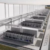 Industrial facility with rows of large rectangular structures under white roof framework and connecting piping systems