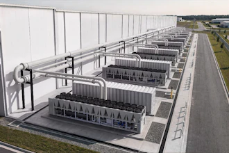 Industrial facility with rows of large rectangular structures under white roof framework and connecting piping systems
